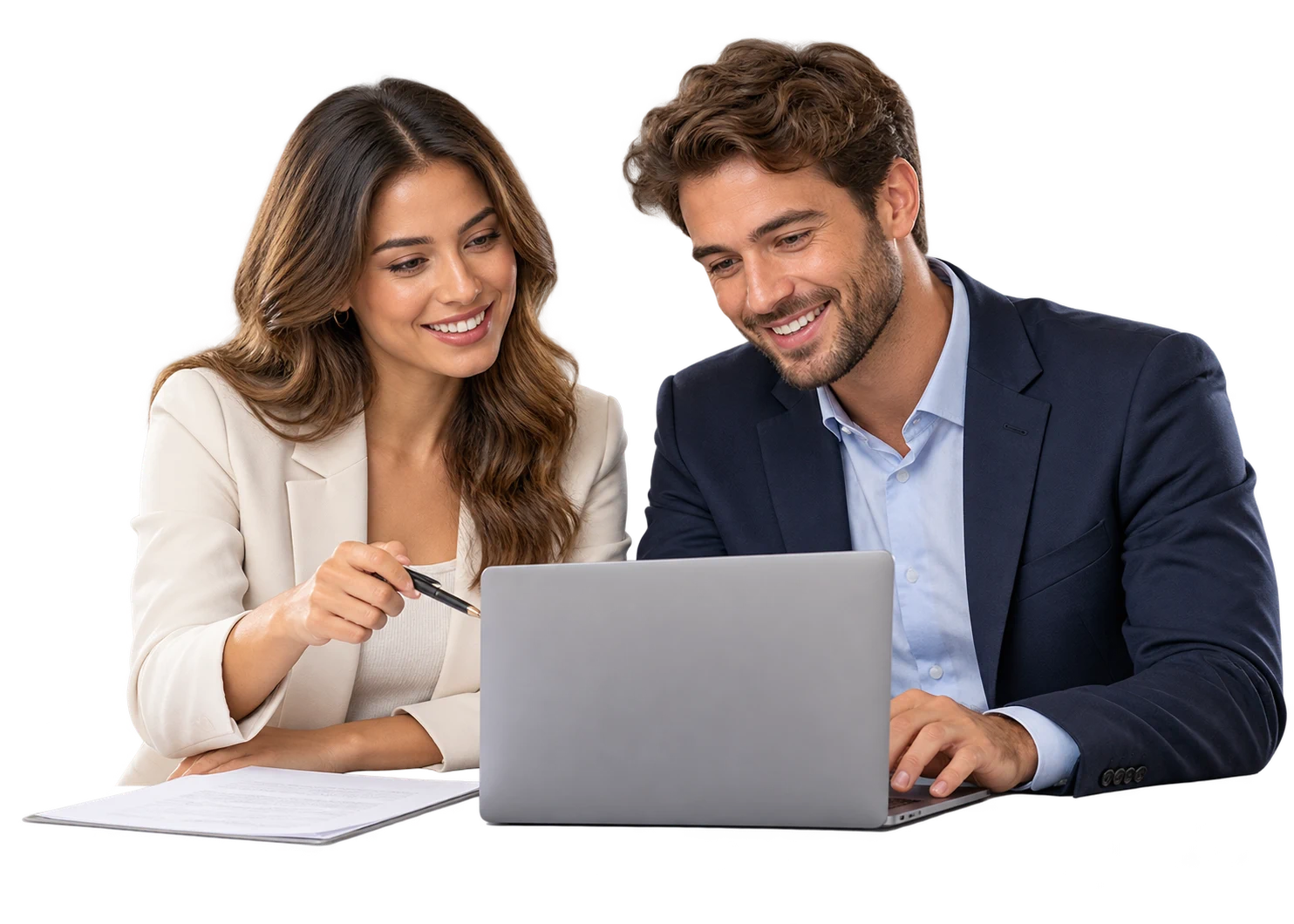 Two professionals discussing a project at a laptop
